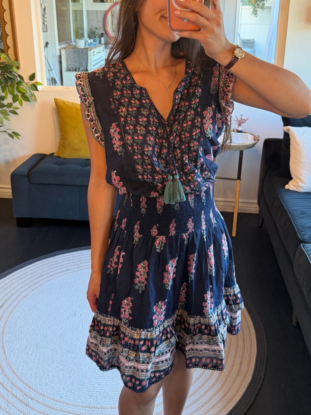 MABE Navy Floral Smocked Mini Dress with Tassel Tie (M)